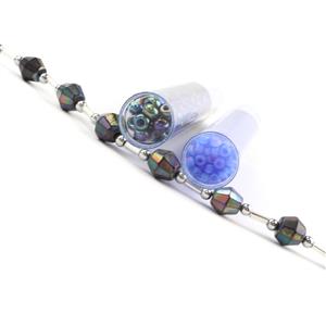 Night Sky - AB Coated Bicone Black Spinel, 5-8mm, 21cm Strand With Spacers, Black 6/0 & Transparent Sapphire 8/0 Seed Beads