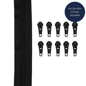 Zip 6mm Teeth Black 5m (Includes 10 Zip Pulls)