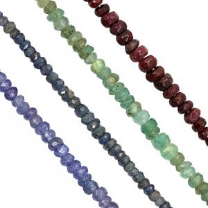 45cts Ruby, Emerald, Blue Sapphire & Tanzanite Faceted Rondelles Approx 2x1 to 6x1mm, 11cm Strand with Spacers (Pack of 4)