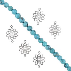 Light Breeze - Turquoise Round Smooth Approx 6mm & 925 Sterling Silver filigree Connectors (Pack of 5)