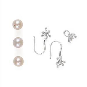925 Sterling Silver Floral Earrings With Pearl Pegs & Pendant With Peg + 3pcs, White Freshwater Pearls & White Topaz