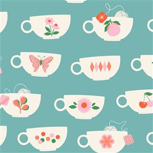 Melody Miller Camellia Tea Cups Turquoise Fabric 0.5m
