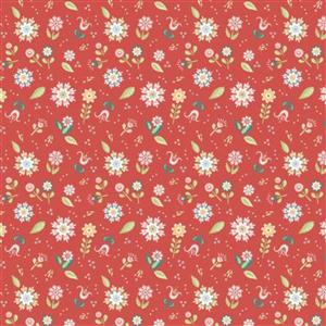 Poppie Cotton Chick-A-Doodle-Doo Pickin Daisies on Red Fabric 0.5m UK exclusive