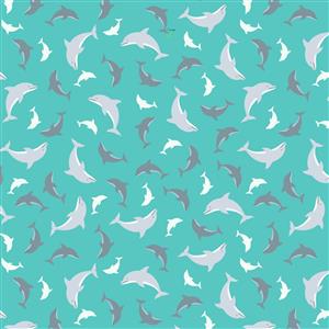 Lewis & Irene Ocean Glow Collection Dolphins Turquoise Glow In The Dark Fabric 0.5m