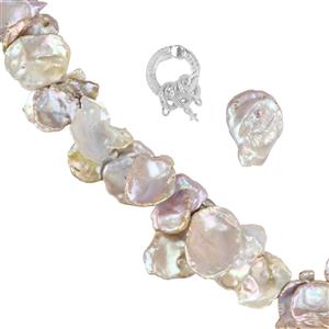 Lilac Freshwater Cultured Keshi Pearls Approx. 12X16mm, 38cm Strand + 925 Sterling Silver Clasp + Large Lilac Keshi Pendant