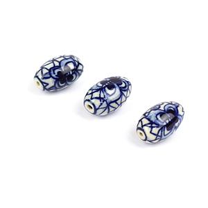 Hand Painted Ceramic Blue & White Drum Bead, Approx 17x27mm (3pcs)