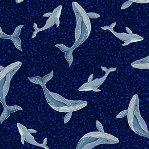 Lewis & Irene Ocean Glow Collection Whales Navy Glow In The Dark Fabric 0.5m