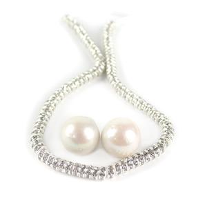 Sparkly Rondelle Bumper Packs - White Freshwater Cultured Potato Pearls, Approx 12-14mm with 2pcs with Silver Plated Spacer Beads with Clear Stones