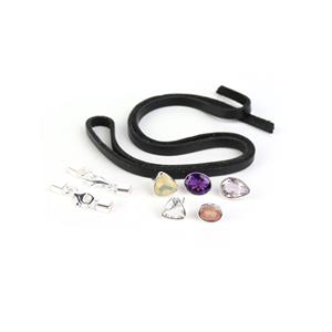 Multishapes; Sterling Silver Rectangle End Cap, Flat Leather Cord & Gemstone Collets