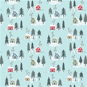 Lewis & Irene Snow Day Collection Houses Icy Blue Fabric 0.5m