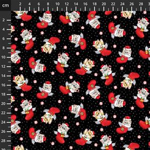 Furry And Bright Kitten In A Stocking Black Fabric 0.5m