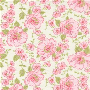 Moda Grace Main Floral Focal Romantic Pastel Roses on White Fabric 0.5m