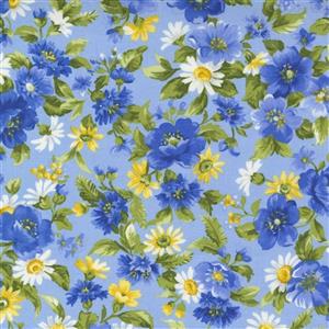 Moda Summer Breeze Daisy Bouquet Blue & Yellow Floral Wildflower Daisy Packed Floral on Sky Multi Fabric 0.5m