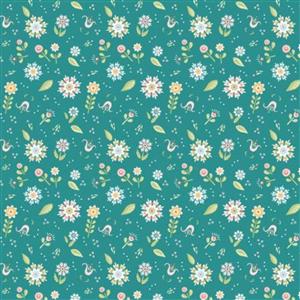 Poppie Cotton Chick-A-Doodle-Doo Pickin Daisies on Teal Fabric 0.5m UK exclusive