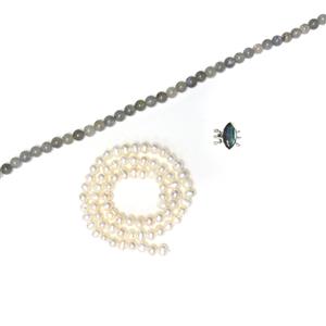 Marie; Sterling Silver 3 Strand Connector Labradorite Marquise, Labradorite Plain Rounds & Potato Pearls