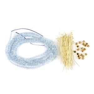 Aquamarine Faceted Rounds 1m strand, Gold 925 Sterling Silver Feather Weight Head Pins & Gold Base Metal Star Spacer Beads, 20pcs