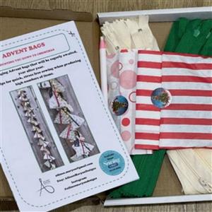 Alison Maryon's Advent Bag Kit: Cream & Green 24 x Bells, Zips, Clasps, Cards, 1 x Pencil
