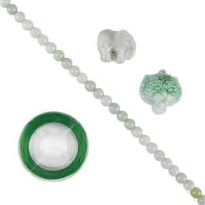 600cts Type A Jadeite Carved Tiger Head + Elephant Pendants + Green Jadeite Plain Rounds Approx 8mm 1m Strand + 0.5mm Green Nylon Cord, 10m 
