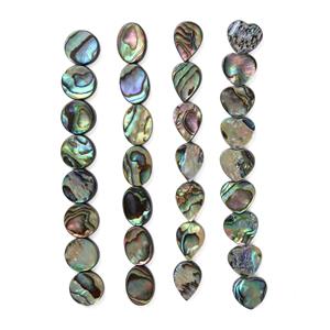 Abalone Flat Coins Approx 12mm, Abalone Flat Ovals Approx 10x14mm, Abalone Flat Pears Approx 8x12mm, Abalone Flat Hearts Approx 12mm, 10cm Strands