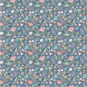 Poppie Cotton Garden Party Collection Tossed Flowers Teal Fabric 0.5m