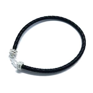 Black Leather Braided Bracelet with Silver Plated Base Metal S Clasp approx. 20cm