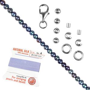 925 Sterling Silver, Purple Freshwater Cultured Ringed Potato Peacock Pearl Kit With Pearl Knotting Technique Sheet