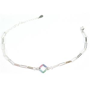 925 Sterling Silver Long Link Bracelet With Rainbow Cubic Zirconia Connector