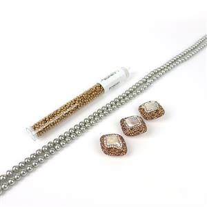 Dazzling; White Diamond Shape Cubic Zirconia Encrusted Freshwater Pearls, Silver Shell Pearl, & Seed Beed 8/0