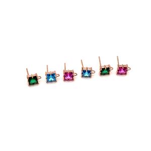 Rose Gold Plated 925 Sterling Silver Square Earrings With Cubic Zirconia Approx 6mm (3 Pairs 1xPink, 1xBlue, 1xGreen)