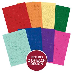 Rainbow Brights Letter Coins, Contains 16 x 350gsm A4 foiled & die-cut letter coin sheets (2 sheets in each of 8 foil / Adorable Scorable colours)