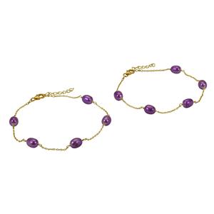 Gold Plated 925 Sterling Silver Beaded Bracelet with Dyed Purple Freshwater Cultured Rice Pearls, Approx 8