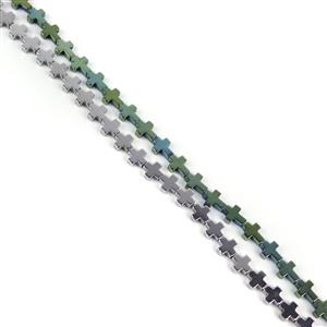 Monochrome Cross; Green/Blue & Silver Hematite Cross x2 30cm Strands