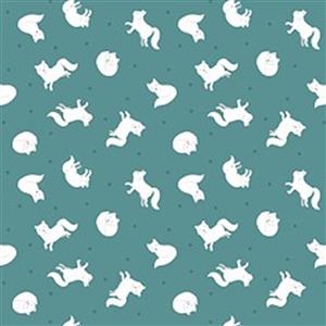 Lewis & Irene Small Things Polar Animals Artic Fox on Teal Fabric 0.5m