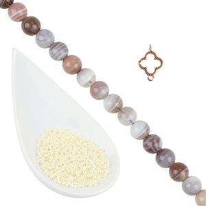 Rose Gold 925 Sterling Silver Clover Connector, Peach & Grey Botswana Agate Plain 6mm Rounds, 38cm Strand & Ivory Pearl Seed Beads, 11/0 (22gm)