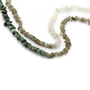 400cts Emerald, Labradorite & Rainbow Moonstone Heishi Beads With Nuggets, Approx 2x1 to 11x4mm 85CM, Set of 2 Strands
