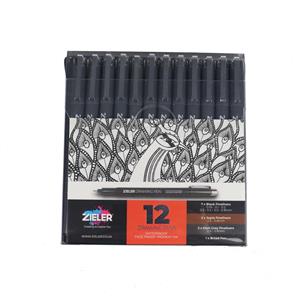 Zieler Fine Liner Drawing Pens, Set of 12 - 7 Black Fineliners, 2 Sepia Fineliners, 2 Dark Grey Fineliners and 1 Broad Pen