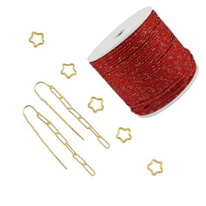 Star Shaped Jump Rings - Gold Plated Sterling Silver Diamond Cut Star Shaped Jump Rings , Gold Plated 925 Sterling Silver Earring Wire & Red Cord 
