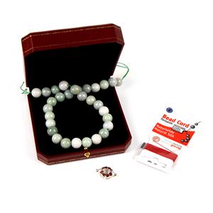 The Hutton Mdivani Necklace;  Jadeite Rounds, Sterling Silver Garnet Beads Clasp, Thread & Jewellery Box