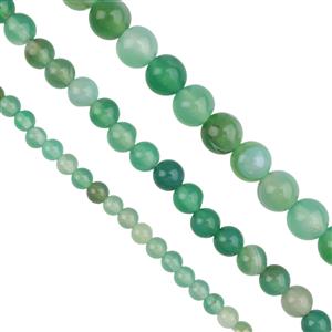 317cts Green Banded Agate Plain Round 4mm, 6mm, 8mm, Set of 3 Loose Strands    
