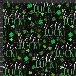 Henry Glass Hello Lucky Word Print Black Gold Fabric 0.5m