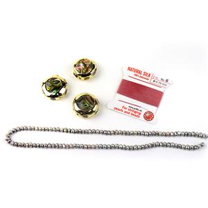 Shimmer: Abelone Coins Gold Colour Edge  3pc, Dyed Silver Cultured Pearls, Pink Silk