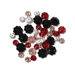 Red, Peach and Black Flower Beads, 6mm, 8mm and 10mm, 40pcs 