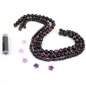 Intergalactic - Galaxy Tiger's Eye Plain Rounds with Amethyst Stars & Black Seed Beads