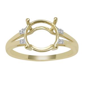 9ct Gold Round Ring Mount (To fit 10x10mm gemstone) With 4 Diamonds