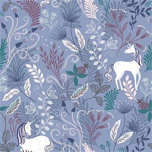 Lewis & Irene Enchanted Silver Metallic Woodland on Blue Fabric 0.5m
