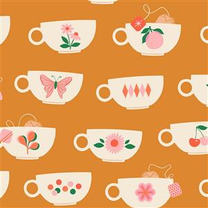 Melody Miller Camellia Tea Cups Caramel Fabric 0.5m