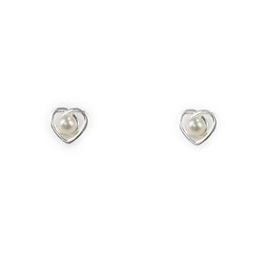 925 Sterling Silver Open Heart Ear Studs, Approx 10mm with 4mm White Freshwater Pearl Buttons