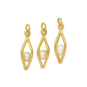 Gold Plated 925 Sterling Silver Caged Pearls Charms Set with 5mm White Freshwater Cultured Pearl, Approx 7x16mm, 3pcs