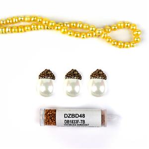 Gilded Frame: White Encrusted Shell Pearl 3pc, Gold Pearls, Yellow Gold Metallic Delica's