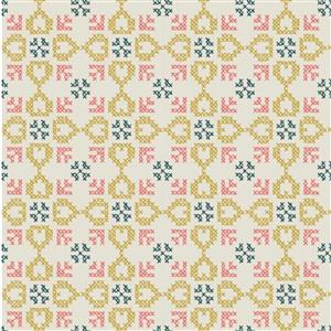 Lewis & Irene Folk Floral Cross Stitch Hearts Autumn Fabric 0.5m